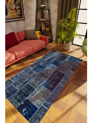Modern Patchwork Mavi Dijital Baskı Halı Kaydırmaz Ince Yıkanabilir
