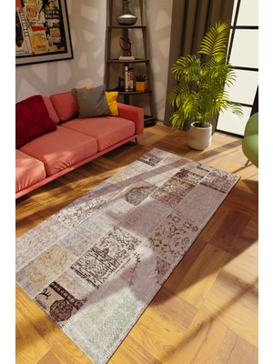 10 Post Online Modern Patchwork Kahverengi Dijital Baskı Halı Kaydırmaz Ince Yıkanabilir