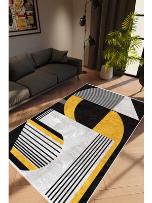 10 Post Online Salon Halısı Modern Geometrik Altın Siyah Sarı Beyaz Kaydırmaz Yıkanabilir Ince Halı Tüysüz Kilim