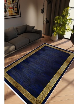 10 Post Online Salon Halısı Modern Çizgili Altın Lacivert Gold Kaydırmaz Kesme Yıkanabilir Ince Halı Tüysüz Kilim