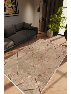 Salon Halısı Modern Geometrik Metalik Vizon Kaydırmaz Kesme Yıkanabilir Ince Halı Tüysüz Kilim