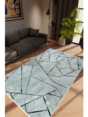 Salon Halısı Modern Geometrik Lacivert Gri Kaydırmaz Kesme Yıkanabilir Ince Halı Tüysüz Kilim