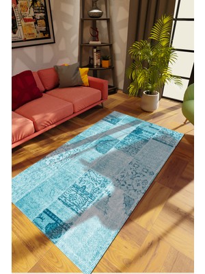 10 Post Online Modern Patchwork Turkuaz Dijital Baskı Halı Kaydırmaz Ince Yıkanabilir