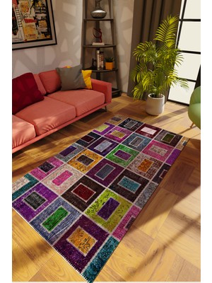Modern Patchwork Karışık Renkli Dijital Baskı Halı Kaydırmaz Ince Yıkanabilir