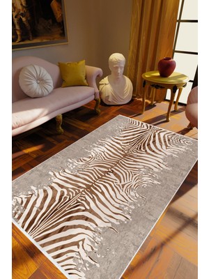 Salon Halısı Klasik Zebra Tema Kahverengi Gri Ekru Kaydırmaz Yıkanabilir Ince Halı Tüysüz Kilim