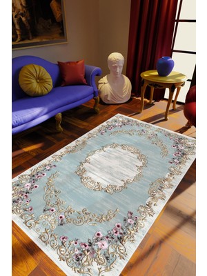 10 Post Online Figürlü Çiçekli Gold Barok Desen Mavi Kaydırmaz Kesme Yıkanabilir Ince Halı