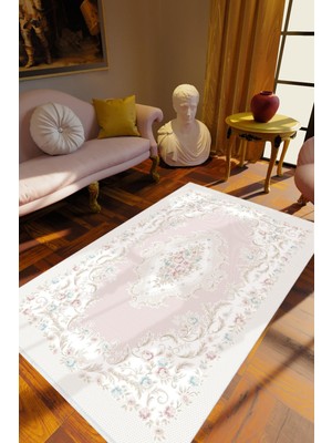 Salon Halısı Figürlü Çiçekli Mor Gri Kaydırmaz Kesme Yıkanabilir Ince Halı Tüysüz Kilim