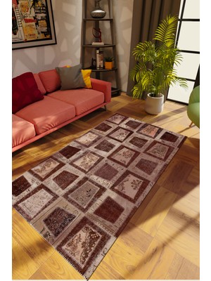 Modern Patchwork Kahverengi Dijital Baskı Halı Kaydırmaz Ince Yıkanabilir