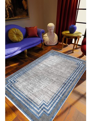 10 Post Online Salon Halısı Klasik Eskitme Mavi Gri Kaydırmaz Kesme Yıkanabilir Ince Halı Tüysüz Kilim
