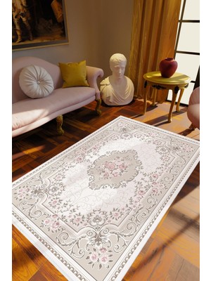 10 Post Online Salon Halısı Figürlü Çiçekli Gri Kaydırmaz Kesme Yıkanabilir Ince Halı Tüysüz Kilim