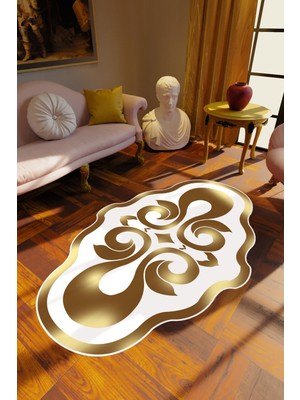 Salon Halısı Klasik Modern Gold Altın Beyaz Metalik Kaydırmaz Yıkanabilir Ince Halı Tüysüz Kilim