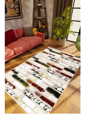 10 Post Online Salon Halısı Taş Mermer Eskitme Tuğla Desen Gri Kaydırmaz Kesme Yıkanabilir Ince Halı Tüysüz Kilim