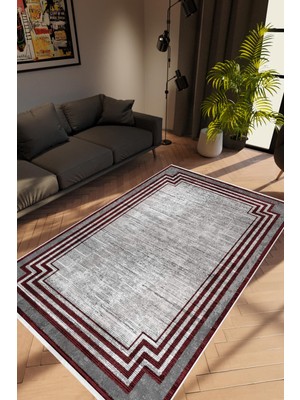 Salon Halısı Modern Geometrik Bordo Gri Kaydırmaz Kesme Yıkanabilir Ince Halı Tüysüz Kilim