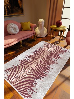 Salon Halısı Klasik Zebra Tema Metalik Gri Bordo Kahverengi Kaydırmaz Yıkanabilir Ince Halı Tüysüz