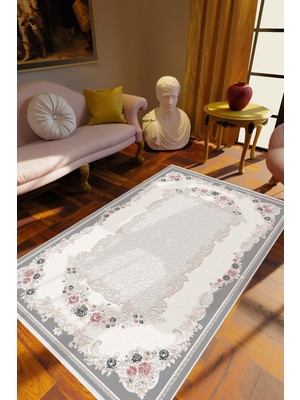 Salon Halısı Figürlü Çiçekli Gri Krem Kaydırmaz Kesme Yıkanabilir Ince Halı Tüysüz Kilim