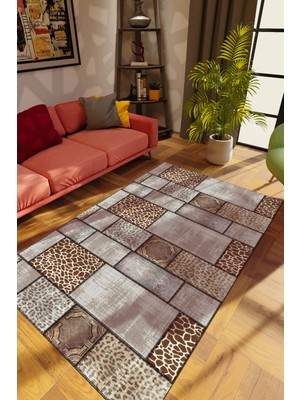 10 Post Online Modern Patchwork Gri Dijital Baskı Halı Kaydırmaz Ince Yıkanabilir