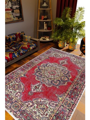 10 Post Online Salon Halısı Otantik Eskitme Bordo Kaydırmaz Kesme Yıkanabilir Ince Halı Tüysüz Kilim