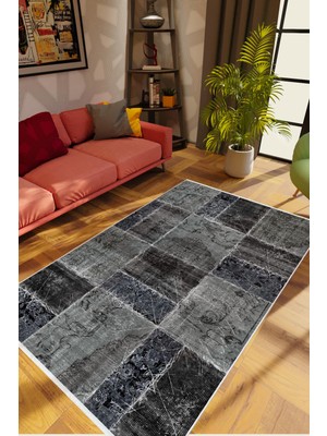 Salon Halısı Modern Patchwork Gri Siyah Kaydırmaz Kesme Yıkanabilir Ince Halı Tüysüz Kilim
