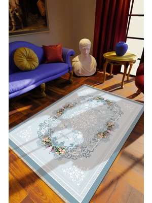 10 Post Online Klasik Çiçekli Mavi Dijital Baskı Halı Kaydırmaz Ince Yıkanabilir