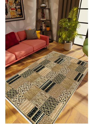 Salon Halısı Eskitme Patchwork Kahverengi Krem Kaydırmaz Kesme Yıkanabilir Ince Halı Tüysüz Kilim