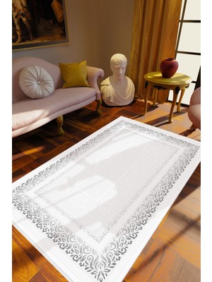 Salon Halısı Klasik Gri Beyaz Kaydırmaz Kesme Yıkanabilir Ince Halı Tüysüz Kilim