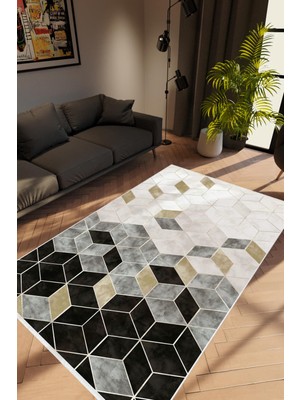 10 Post Online Salon Halısı Modern Geometrik Gri Beyaz Siyah Kaydırmaz Kesme Yıkanabilir Ince Halı Tüysüz Kilim