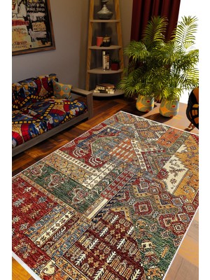 10 Post Online Salon Halısı Otantik Eskitme Patchwork Bordo Kaydırmaz Kesme Yıkanabilir Ince Halı Tüysüz Kilim