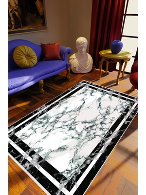 Salon Halısı Eskitme Geometrik Mermer Gri Beyaz Siyah Kaydırmaz Yıkanabilir Ince Halı Kilim