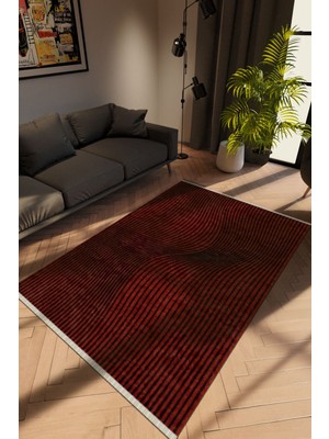 10 Post Online Modern Çizgili Bordo Dijital Baskı Halı Kaydırmaz Ince Yıkanabilir