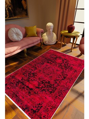 10 Post Online Salon Halısı Klasik Eskitme Kırmızı Bordo Kaydırmaz Kesme Yıkanabilir Ince Halı Tüysüz Kilim