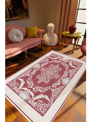Salon Halısı Klasik Bordo Kahverengi Kaydırmaz Kesme Yıkanabilir Ince Halı Tüysüz Kilim