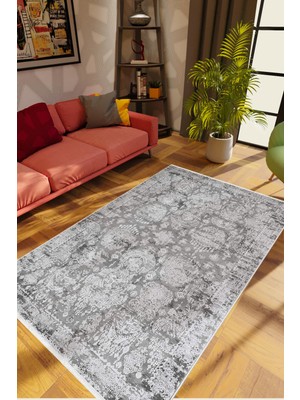 Salon Halısı Otantik Eskitme Gri Kaydırmaz Kesme Yıkanabilir Ince Halı Tüysüz Kilim