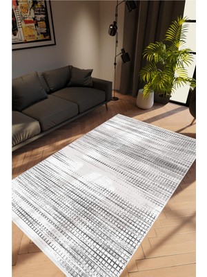 Salon Halısı Modern Eskitme Gri Kaydırmaz Kesme Yıkanabilir Ince Halı Tüysüz Kilim