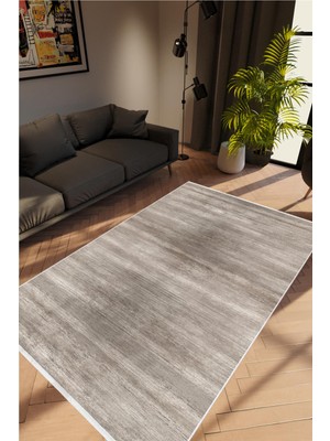 Salon Halısı Modern Eskitme Kahverengi Gri Kaydırmaz Kesme Yıkanabilir Ince Halı Tüysüz Kilim