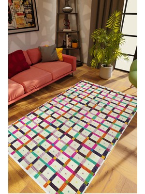 Salon Halısı Modern Patchwork Bej Kaydırmaz Kesme Yıkanabilir Ince Halı Tüysüz Kilim