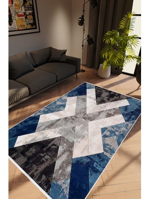 Salon Halısı Modern Geometrik Gümüş Lacivert Gri Siyah Kaydırmaz Yıkanabilir Ince Halı Tüysüz Kilim
