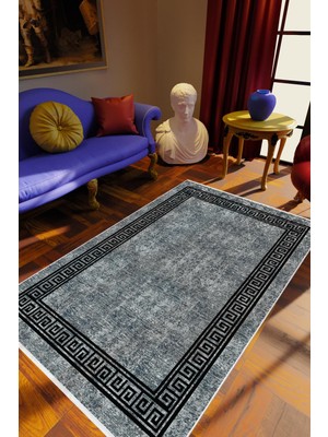 10 Post Online Salon Halısı Klasik Eskitme Gri Siyah Kaydırmaz Kesme Yıkanabilir Ince Halı Tüysüz Kilim