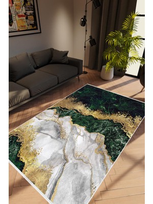 Salon Halısı Taş Mermer Modern Gold Yeşil Gri Altın Kaydırmaz Yıkanabilir Ince Halı Tüysüz Kilim