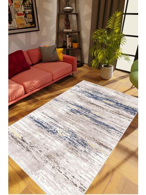 Salon Halısı Doku Eskitme Ekru Krem Lacivert Kaydırmaz Kesme Yıkanabilir Ince Halı Tüysüz Kilim