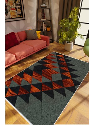 Salon Halısı Modern Geometrik Metalik Gri Siyah Turuncu Kaydırmaz Yıkanabilir Ince Halı Tüysüz Kilim