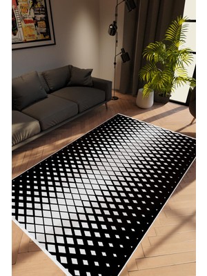 Salon Halısı Modern Geometrik Siyah Beyaz Kaydırmaz Kesme Yıkanabilir Ince Halı Tüysüz Kilim
