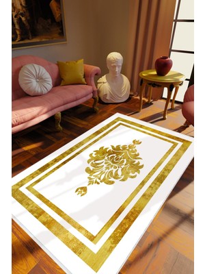 10 Post Online Salon Halısı Klasik Eskitme Altın Beyaz Gold Kaydırmaz Kesme Yıkanabilir Ince Halı Tüysüz Kilim