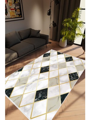 Salon Halısı Taş Mermer Modern Karo Gri Beyaz Siyah Kaydırmaz Yıkanabilir Ince Halı Tüysüz Kilim