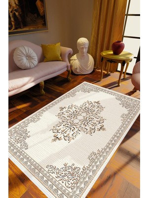 Salon Halısı Klasik Ekru Gri Kahve Kaydırmaz Kesme Yıkanabilir Ince Halı Tüysüz Kilim