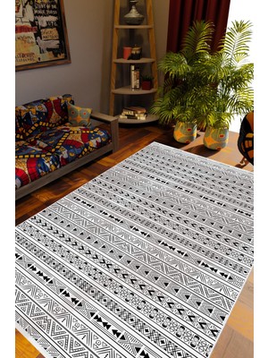 Salon Halısı Otantik Eskitme Beyaz Siyah Kaydırmaz Kesme Yıkanabilir Ince Halı Tüysüz Kilim
