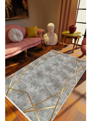 Salon Halısı Eskitme Geometrik Altın Gri Metalik Kaydırmaz Kesme Yıkanabilir Ince Halı Tüysüz Kilim