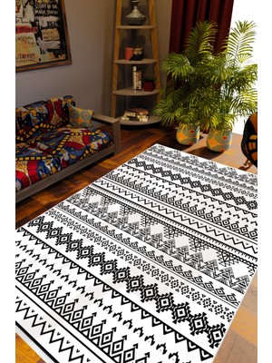 Salon Halısı Otantik Eskitme Siyah Beyaz Kaydırmaz Kesme Yıkanabilir Ince Halı Tüysüz Kilim