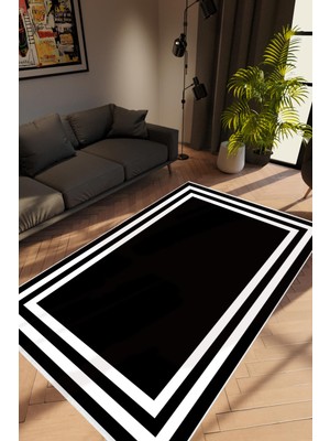 Salon Halısı Modern Çizgili Siyah Beyaz Kaydırmaz Kesme Yıkanabilir Ince Halı Tüysüz Kilim