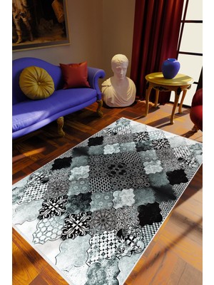 10 Post Online Salon Halısı Eskitme Klasik Fas Desen Gri Siyah Beyaz Kaydırmaz Yıkanabilir Ince Halı Tüysüz Kilim