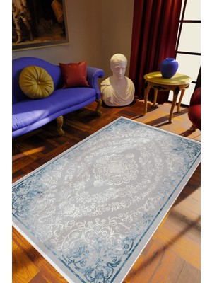 Salon Halısı Klasik Gri Mavi Kaydırmaz Kesme Yıkanabilir Ince Halı Tüysüz Kilim